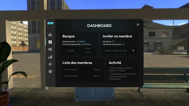 Dashboard d'organisation en jeu : banque, invitation de membres, liste des membres et activité récente.
